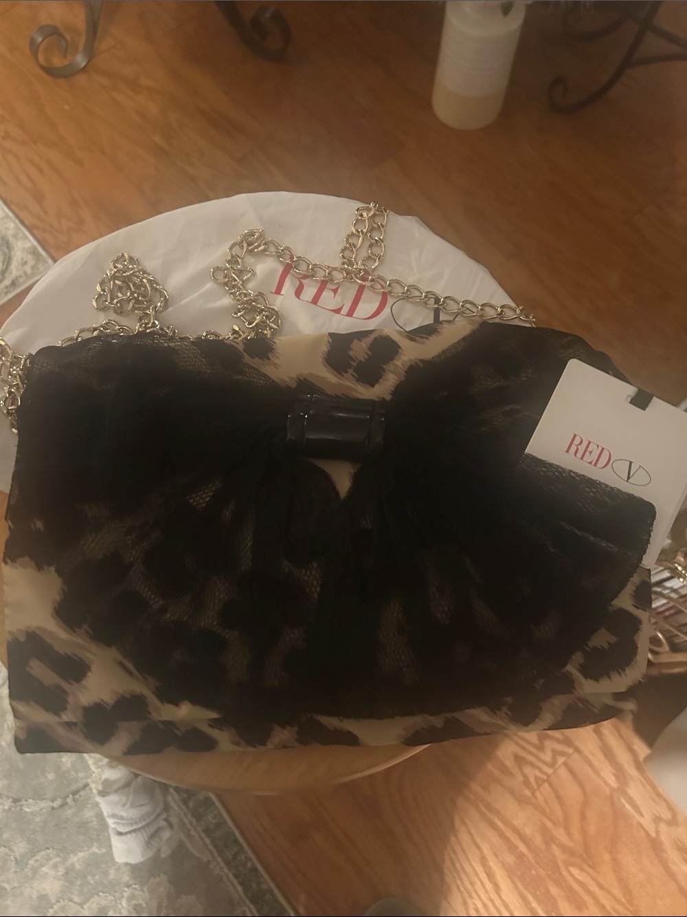 Red Leopard Print Chain-Handle Key & Card Holder with Black Tulle Bow